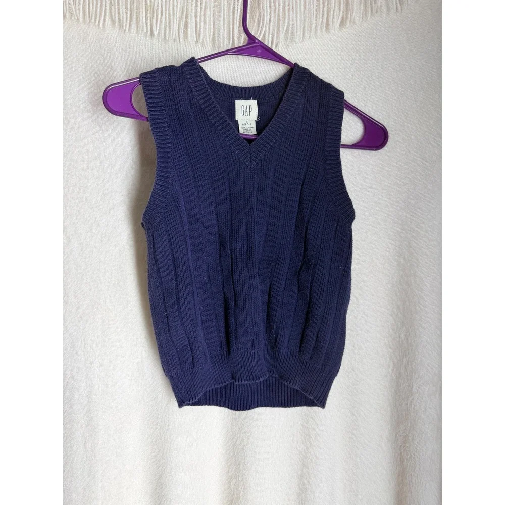 Gap Kids Navy Blue Cable Knit Sweater Vest V-Neck 100% Cotton Size S 5-6